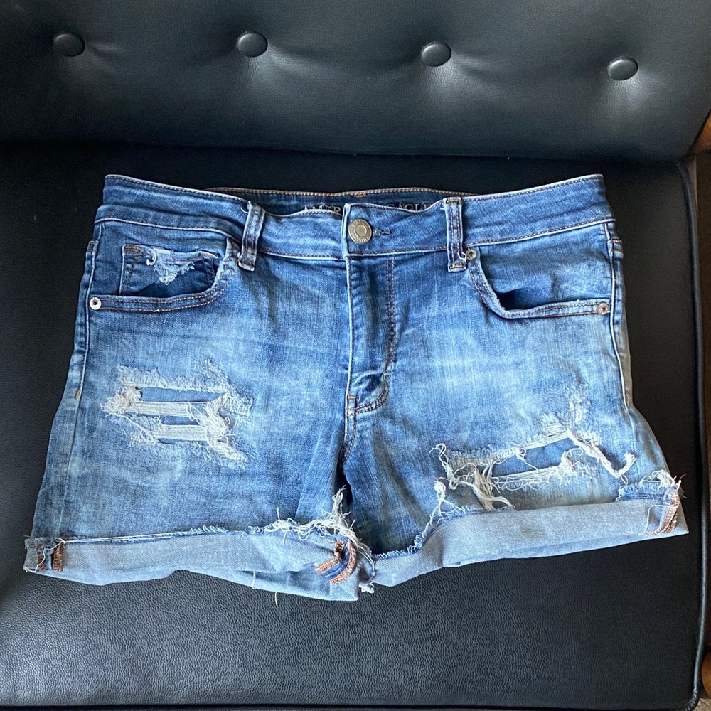 American Eagle Outfitters Super Super Stretch X Midi Distressed Jean Shorts